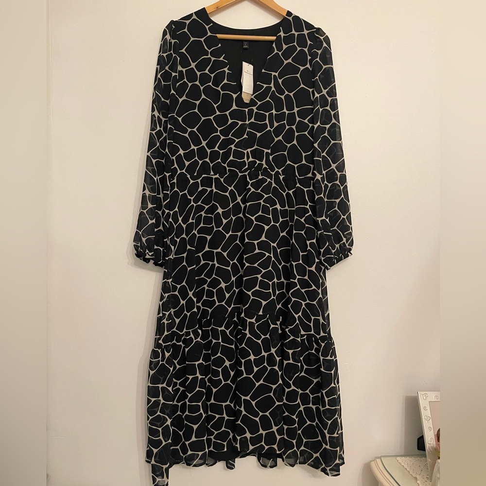 NEW Banana Republic black tan animal print tiered maxi dress PETITE Large L